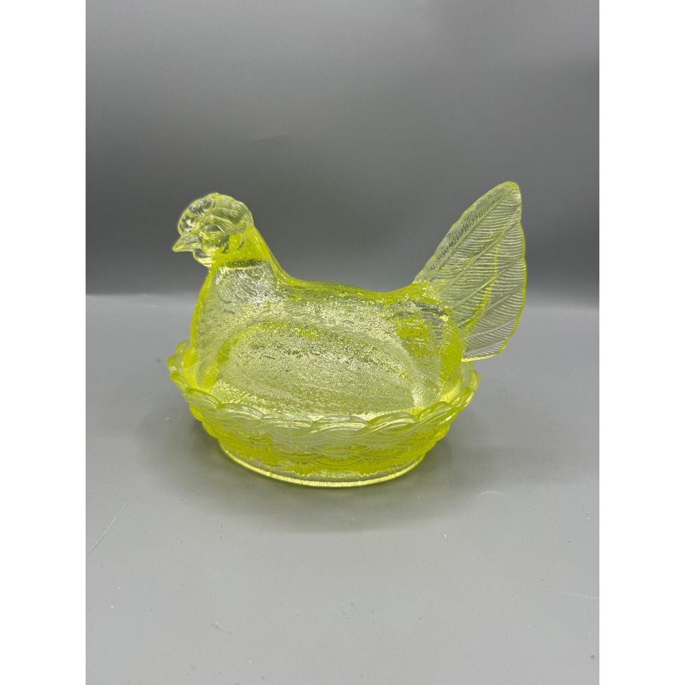 Mosser Vaseline Uranium Glass Hen on Nest Split Tail Trinket Dish Yellow Glow 7"